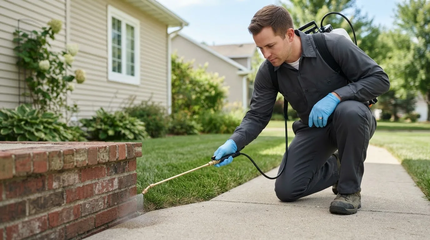 Pest control technician treating a home near Bethel, OK