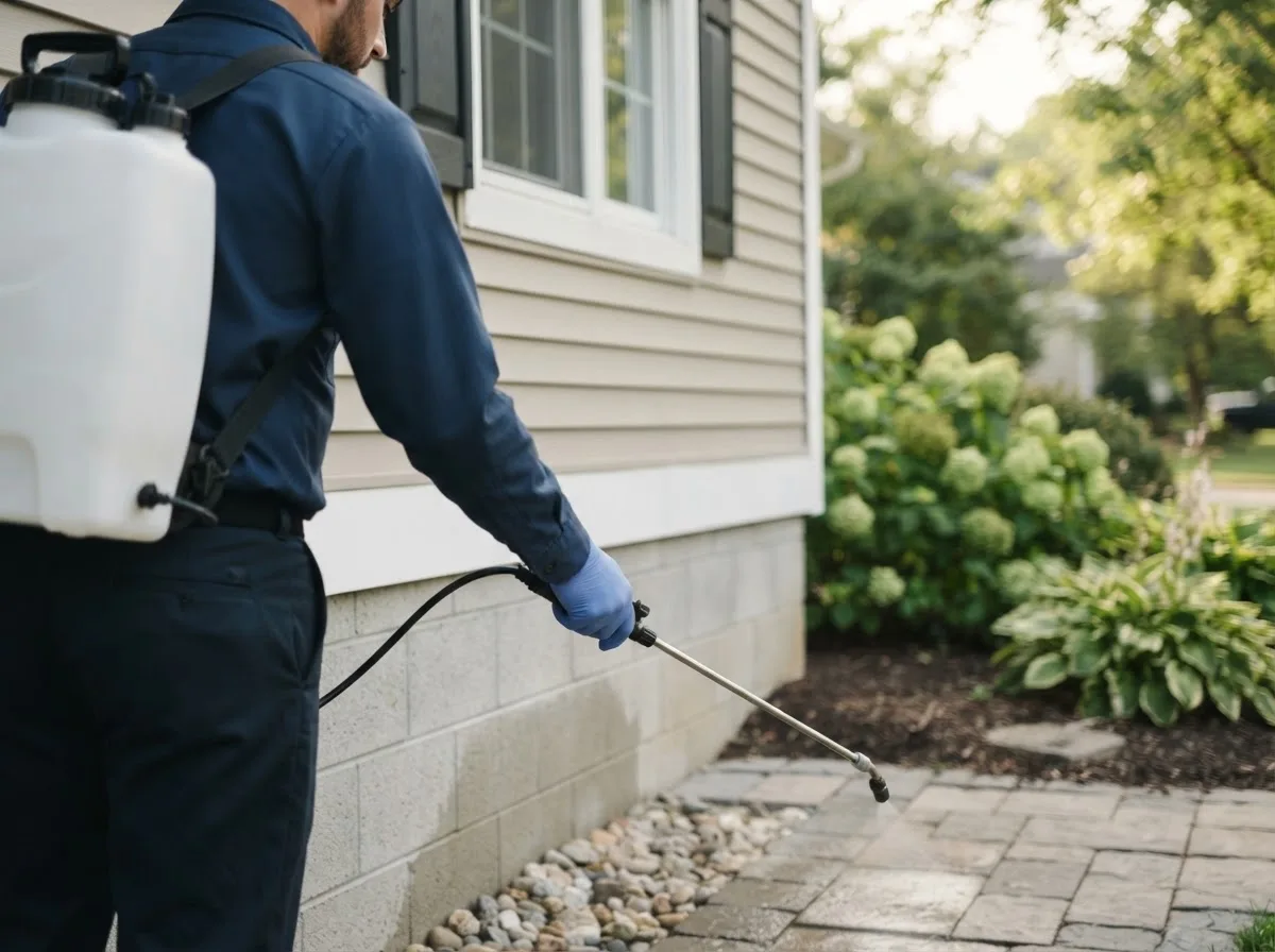 Pest control technician inspecting a home in Bethel, OK